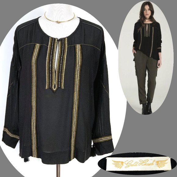 Gold Hawk Tops - New Gold Hawk BOHO Black Long Sleeve Embroidered Blouse  Sz M